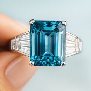 ART DECO Emerald Cut Natural 3.5 Cts Aquamarine + VVS F-G Diamond Platinum Ring